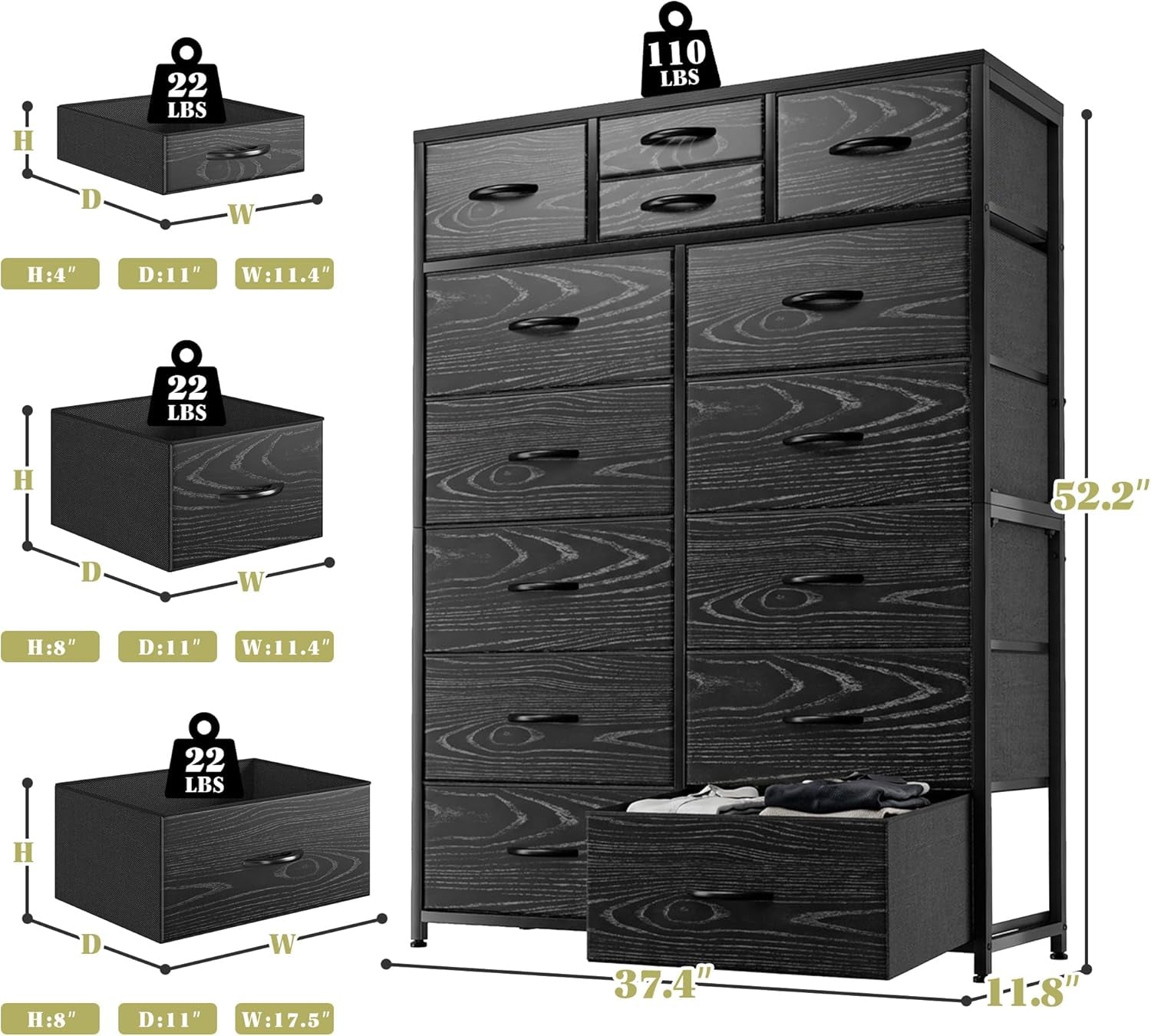 Black Fabric Dresser With Deep Drawers 52 Inches Tall