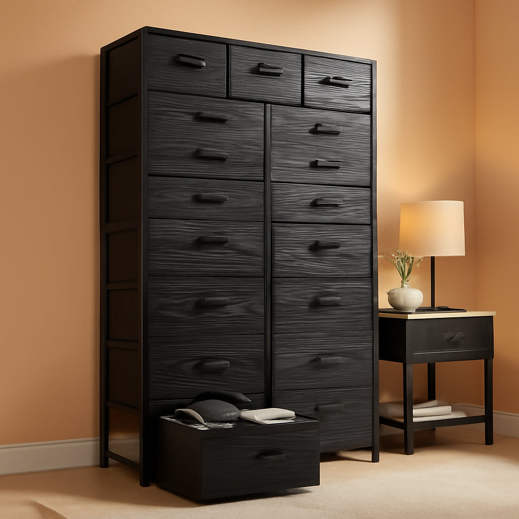 Black Fabric Dresser With Deep Drawers 52 Inches Tall