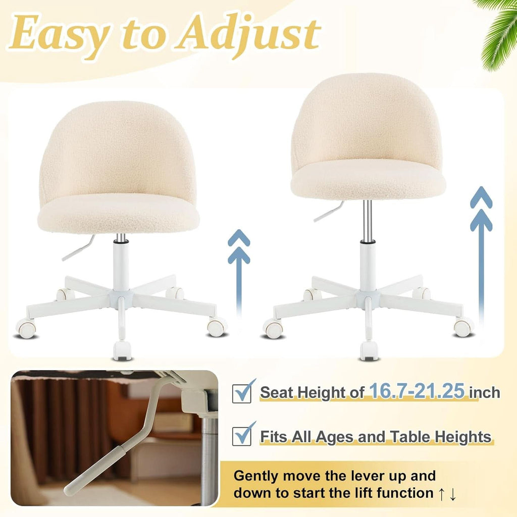 Armless Creamy Beige Teddy Fleece Office Desk Chair With Wheels