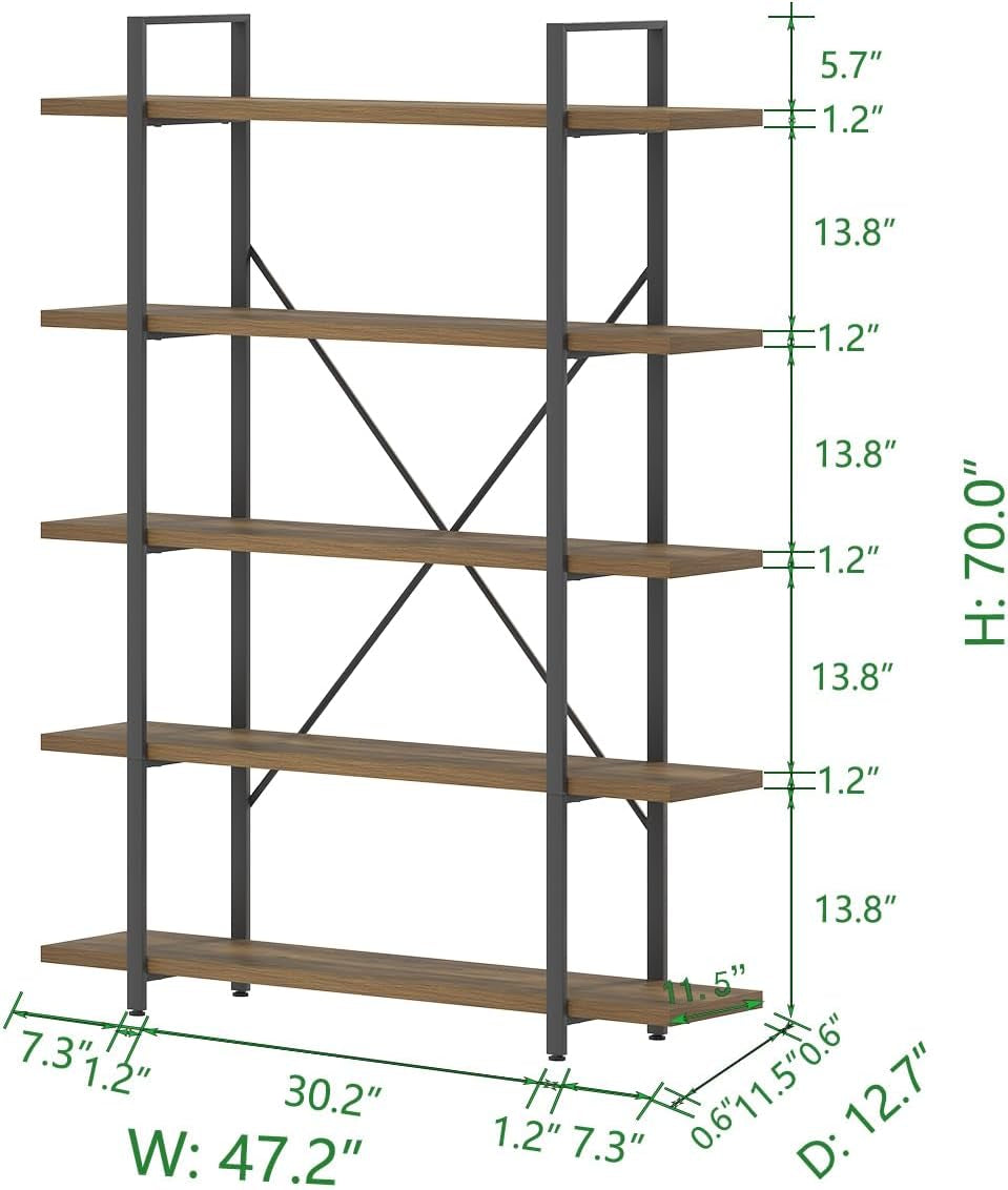 Industrial Reinforced Five Tier Bookshelf Rustic Oak