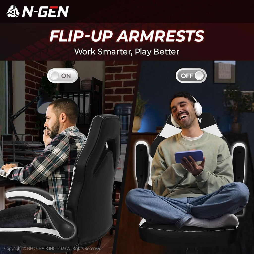 White Gaming Chair With Lumbar Support And Flip Up Arms