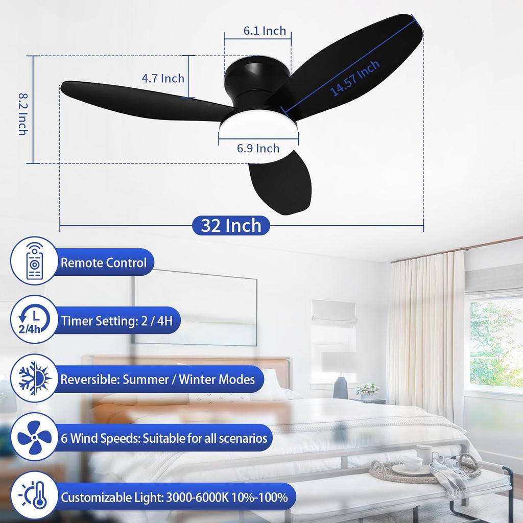 32 Inch Flush Mount Ceiling Fan With Remote Dimmable LED Light Timer