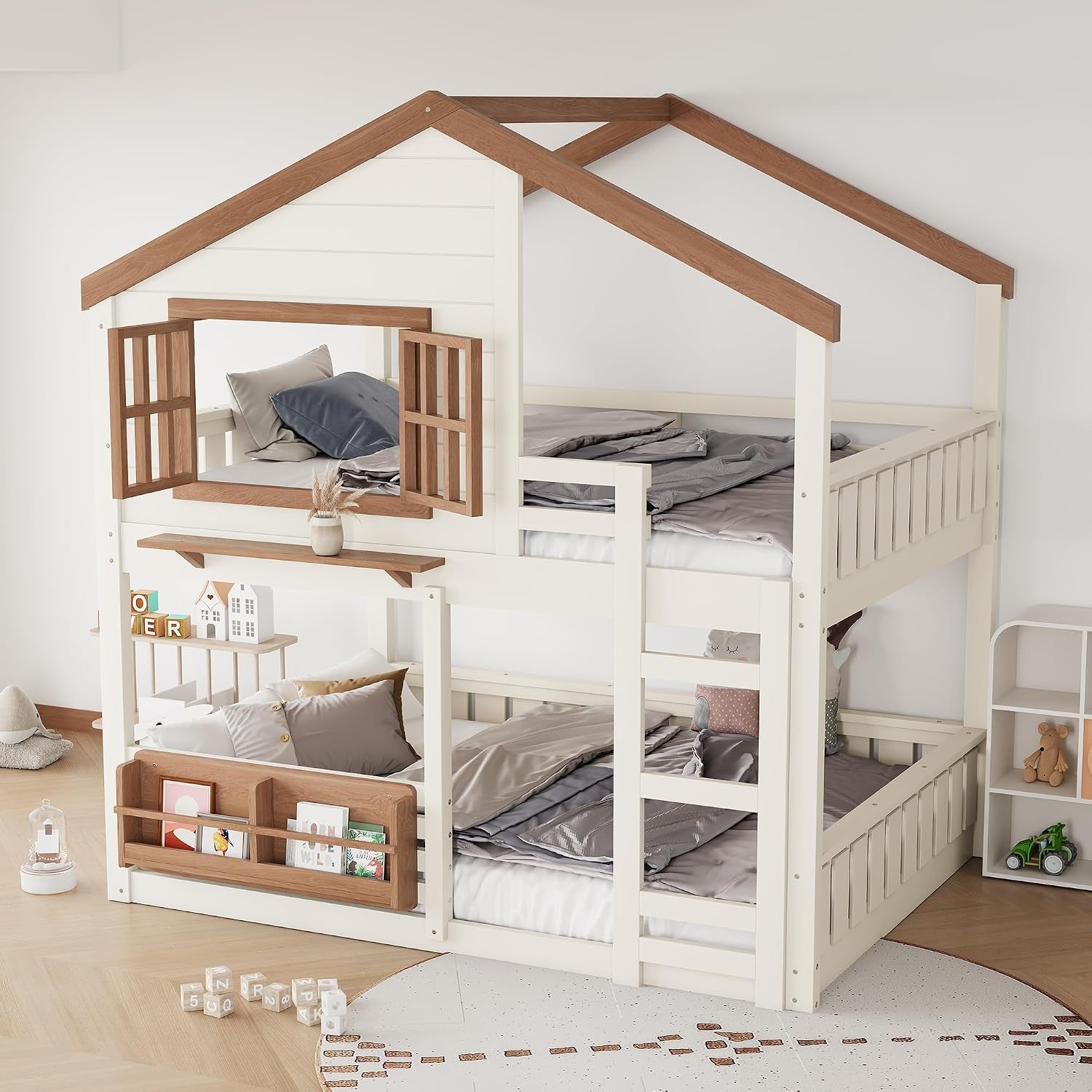 Beige Space Saving Playhouse Style Bunk Bed With Storage