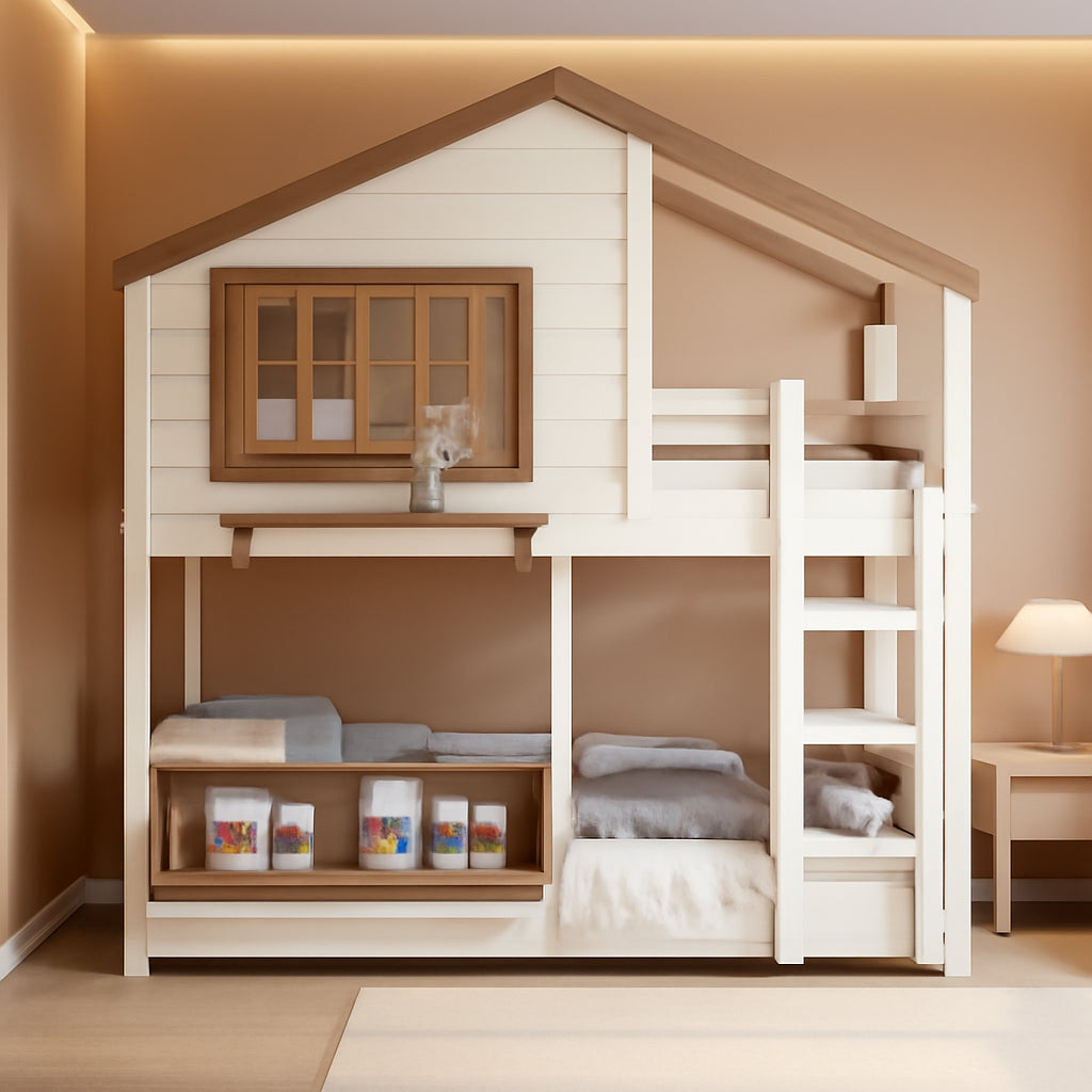 Beige Space Saving Playhouse Style Bunk Bed With Storage