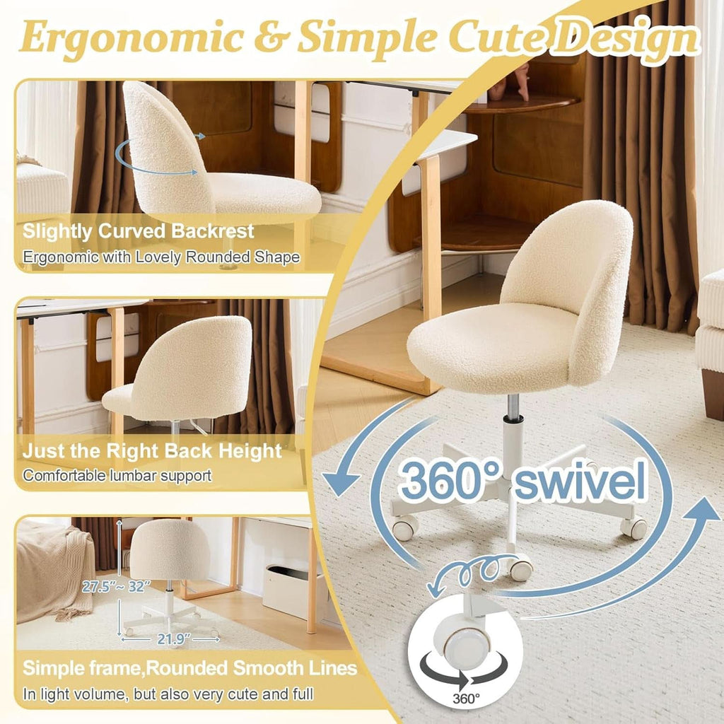 Armless Creamy Beige Teddy Fleece Office Desk Chair With Wheels
