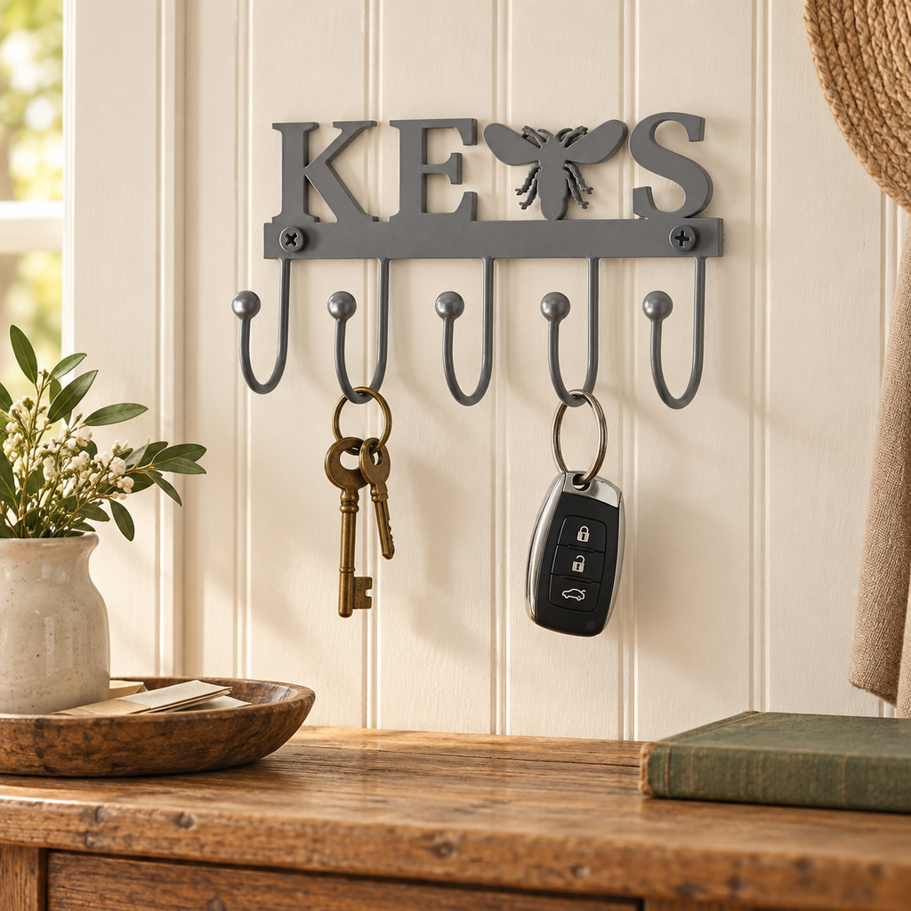 Buzzy Bees Metal Wall Mount Bee Key Holder Grey 3x5.3