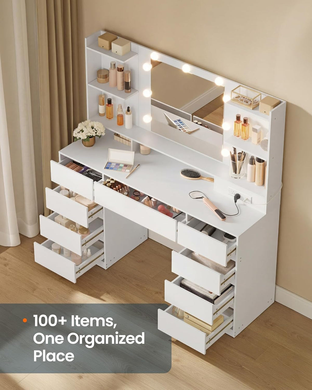 White Makeup Vanity Desk With Integrated LED Mirror