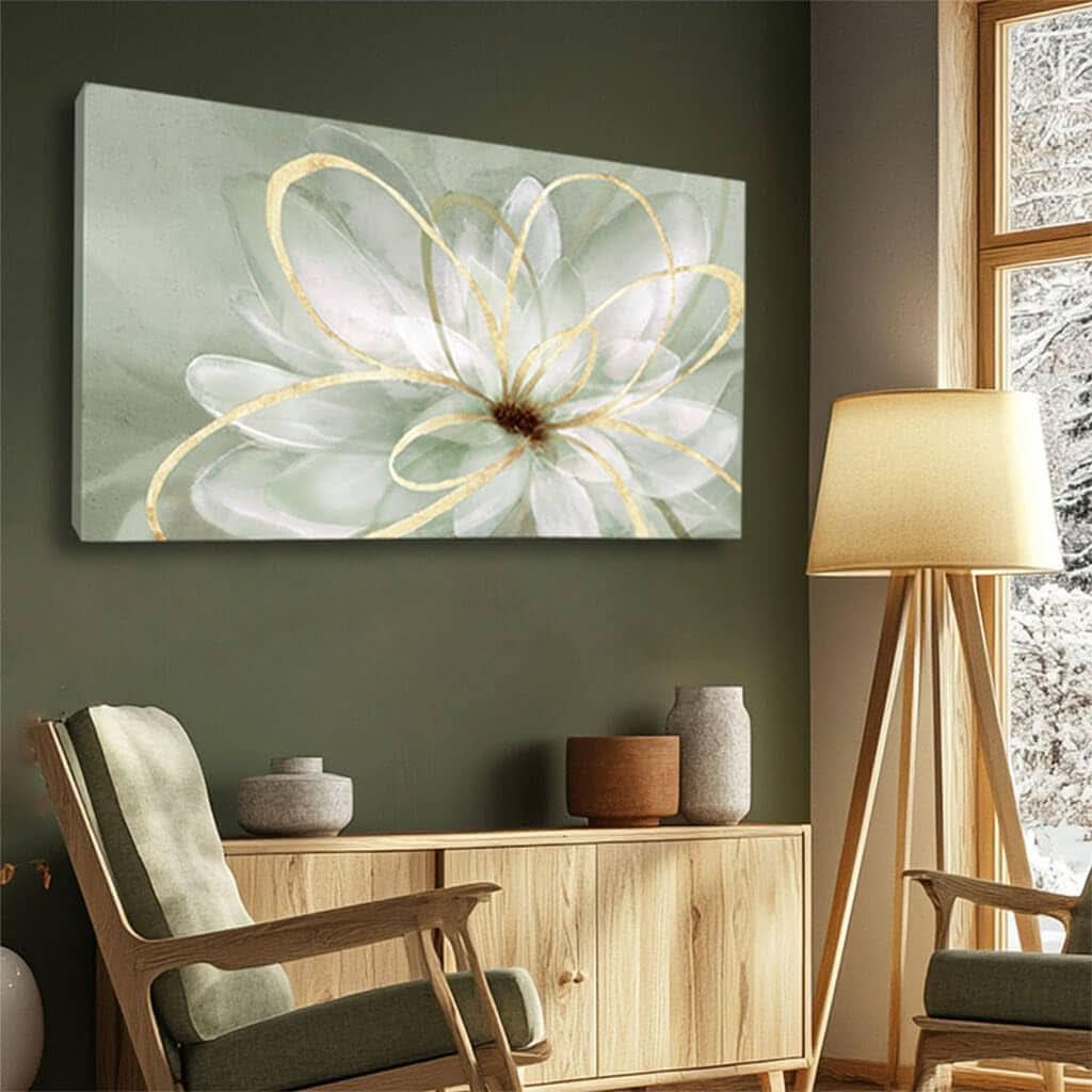 White Blossom GoldLine Wall Art Canvas 29X58 Inches