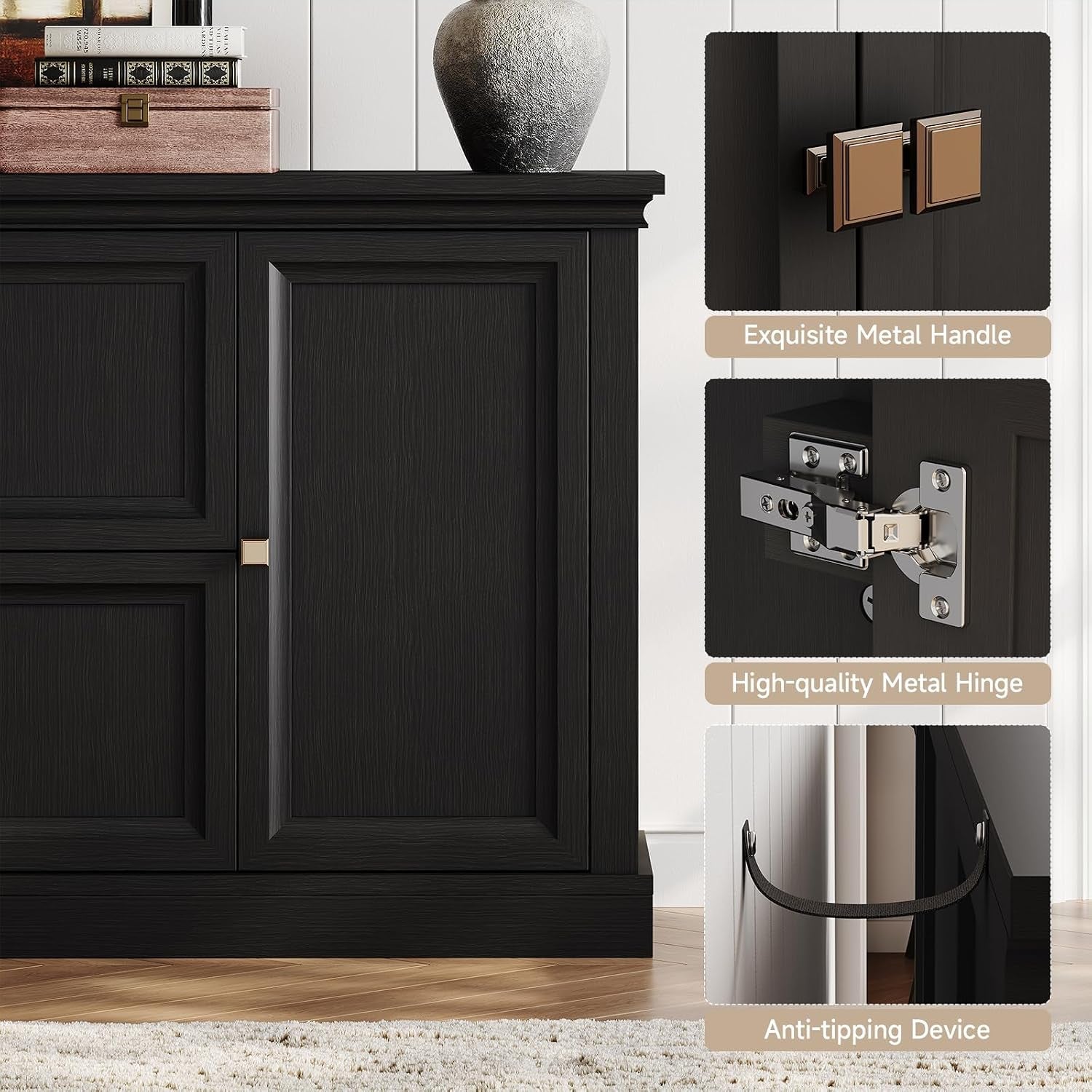 63Inch Black Farmhouse Buffet Cabinet With Storage