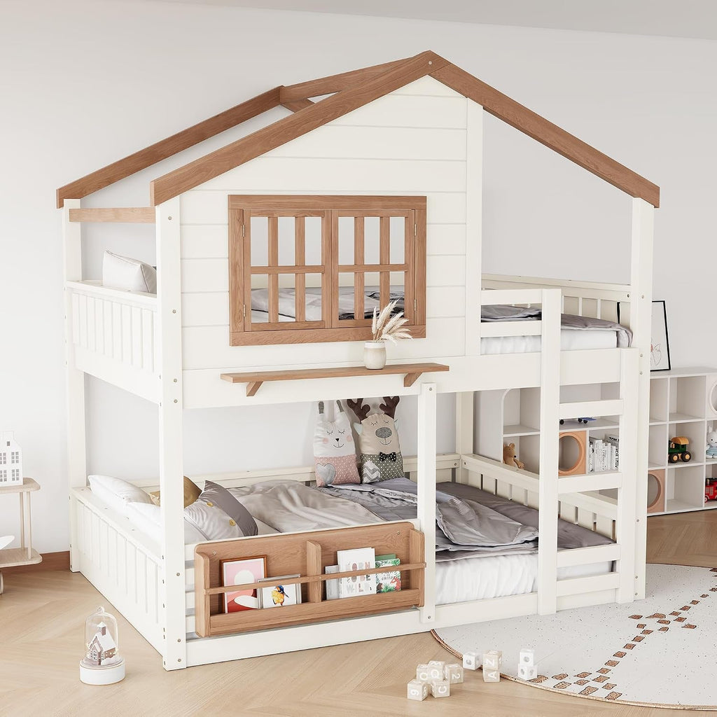 Beige Space Saving Playhouse Style Bunk Bed With Storage