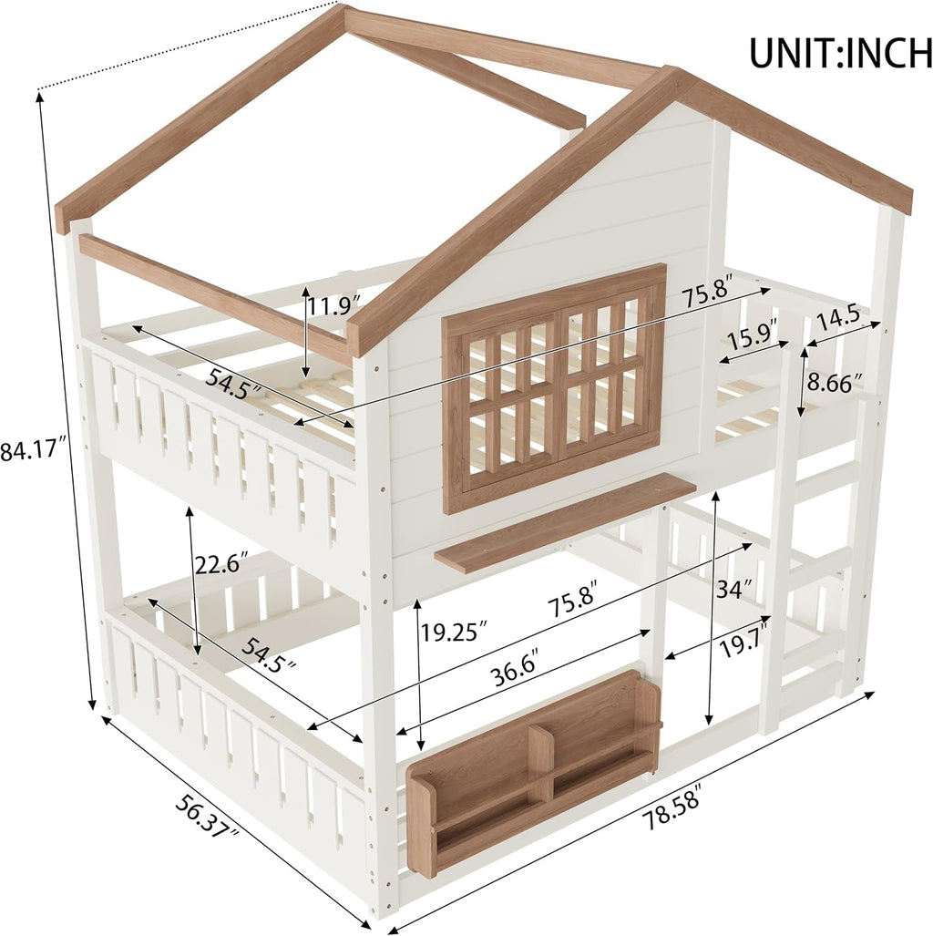 Beige Space Saving Playhouse Style Bunk Bed With Storage